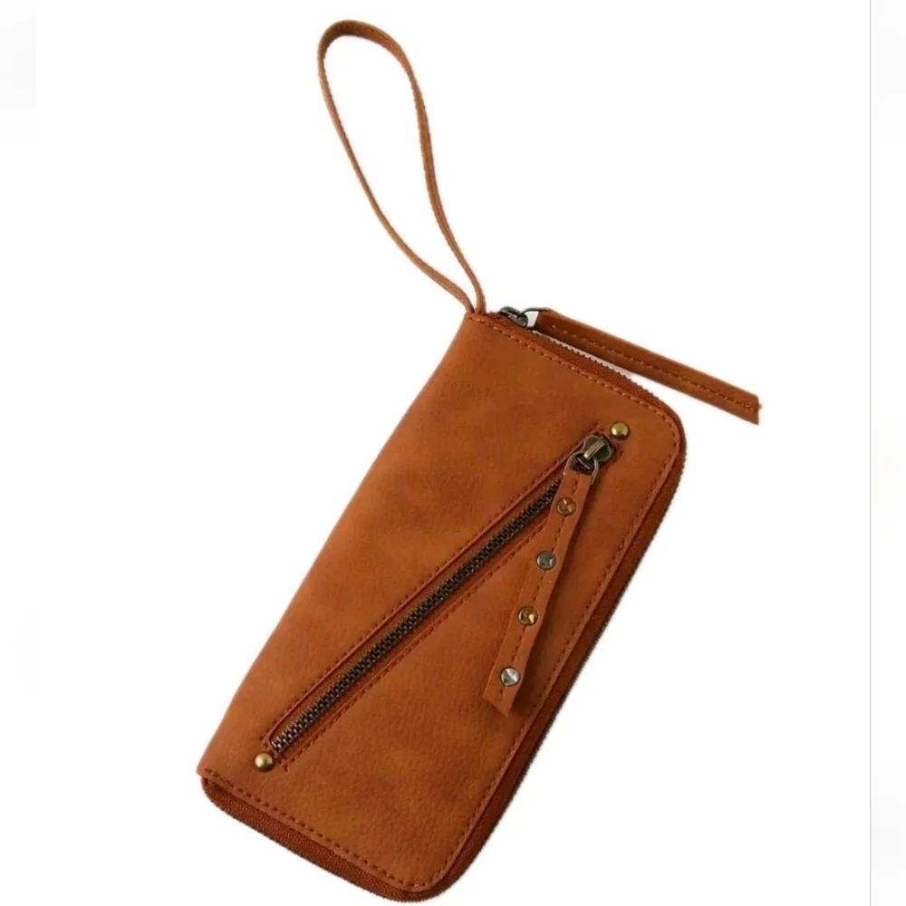 Free People Vegan Leather Long Wallet Zip Around Wristlet Brown Boho Western New